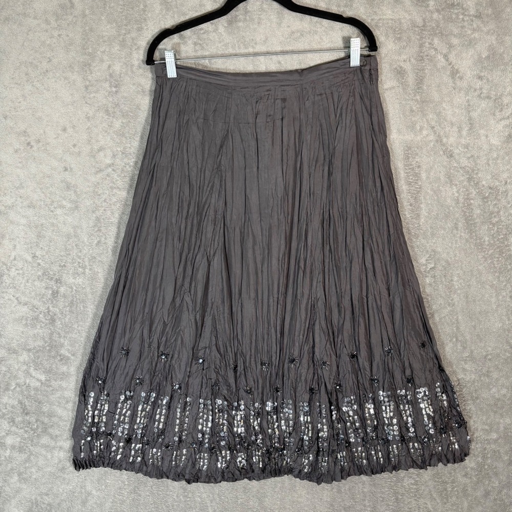 Chicos Silk Midi Skirt‎ Size 1 M Charcoal Gray Sequin Beaded Crinkle Boho 6376